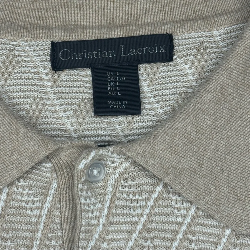 Christian Lacroix Long Sleeve Tan & White Pullover Polo Sweater Men's‎ LARGE